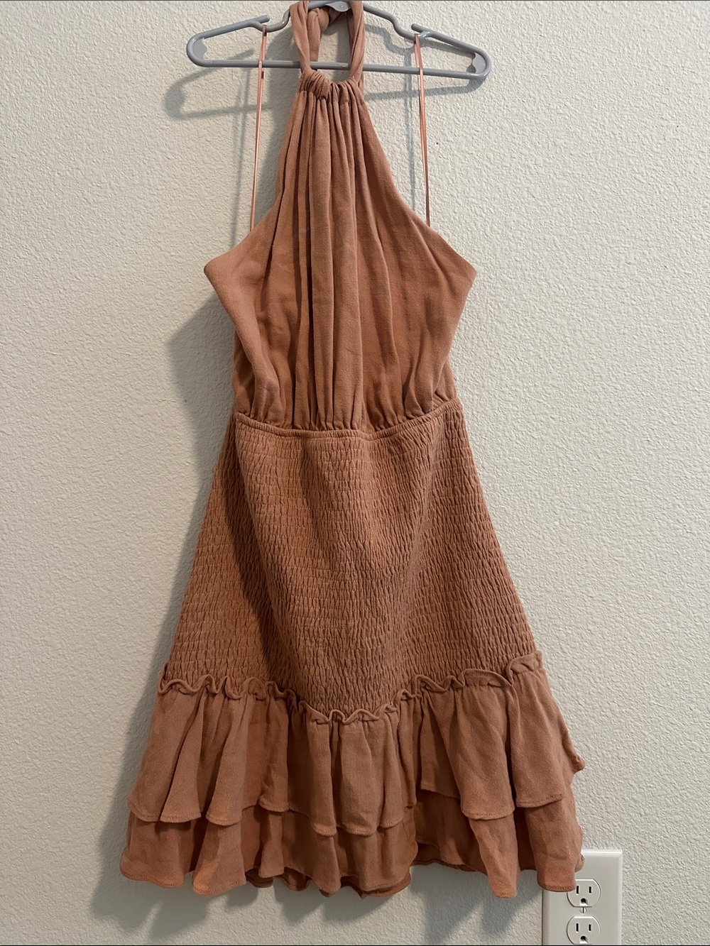 Smocked Halter Mini Dress in Clay